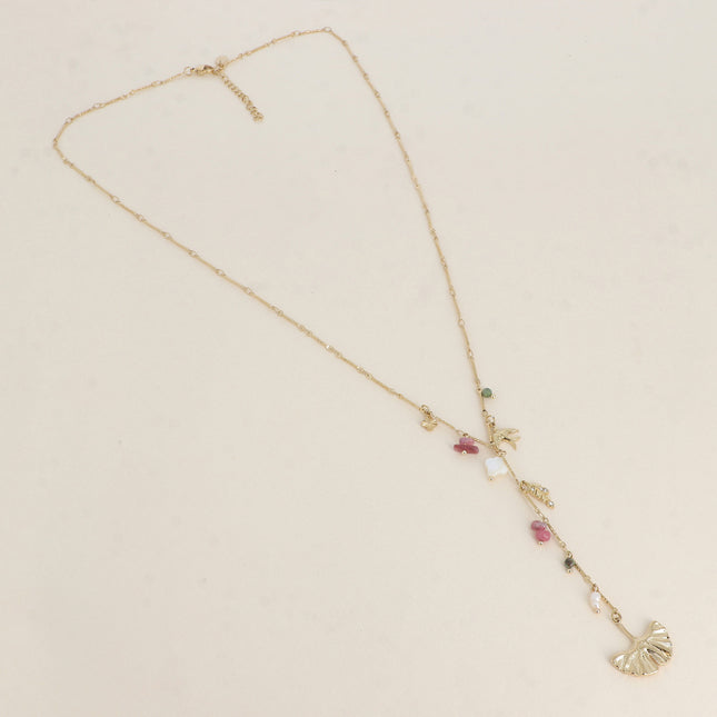 Y-shaped necklace - charms (ginko, natural stones, mother-of-pearl clover, leaf with cubic zirconia, bird)