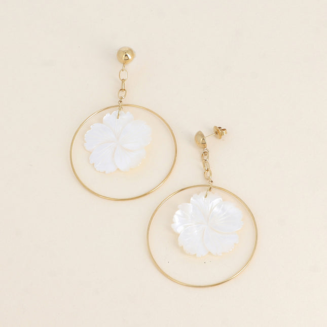 Dangle earrings - half-sphere, chain, thin ring and mother-of-pearl flower