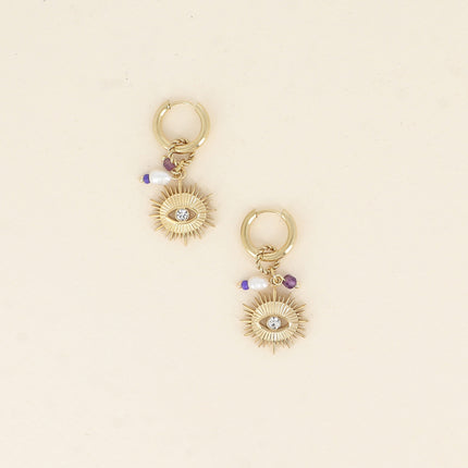 Créoles - oeil avec petit oxyde de zirconium, perle d'eau douce et pierres naturelles