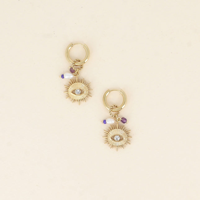 Créoles - oeil avec petit oxyde de zirconium, perle d'eau douce et pierres naturelles