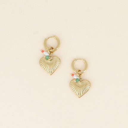 Créoles - breloques (coeur strié, perles d'eau douce, pierres naturelles)