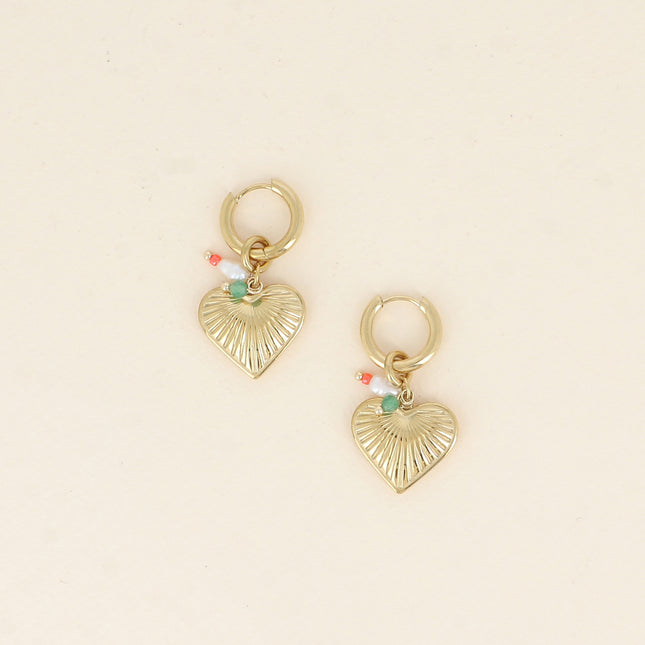 Créoles - breloques (coeur strié, perles d'eau douce, pierres naturelles)