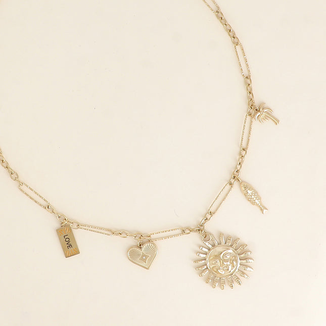 Collier - breloques (soleil, coeur, plaquette LOVE, poisson, palmier)