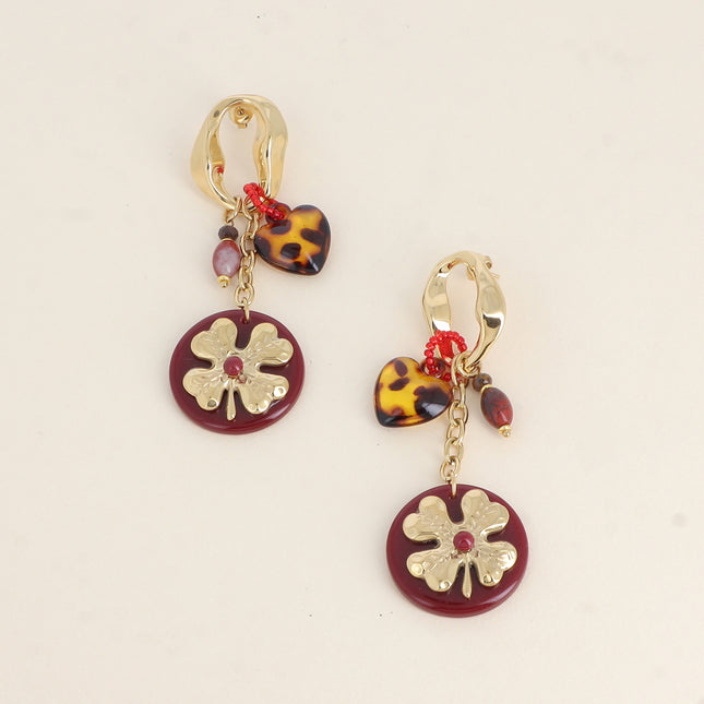 Dangle earrings - charms (openwork ring, heart and round resin piece, clover and enamel ball)