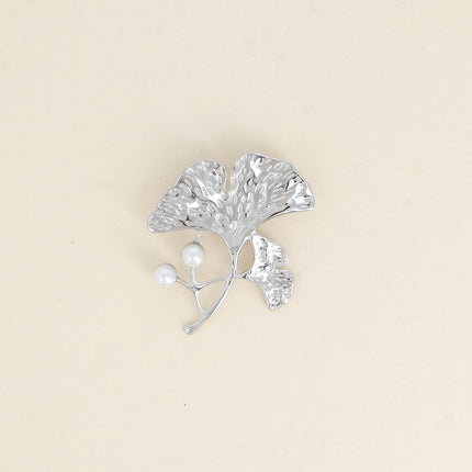 Avelia brooch - ginkgo motif with two white resin beads