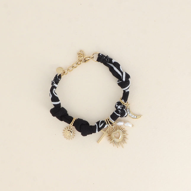 Bracelet - ruban, tissu et breloques (soleil, coeur, lune avec oxydes de zirconium)