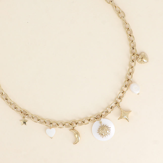 Collier Nacrea - breloques (nacre, étoile, coeur, lune, soleil, perles d'eau douce)