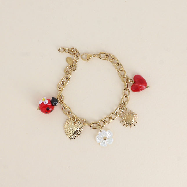 Bracelet - pendants (resin ladybug, beetle, mother-of-pearl flower, heart, sun)