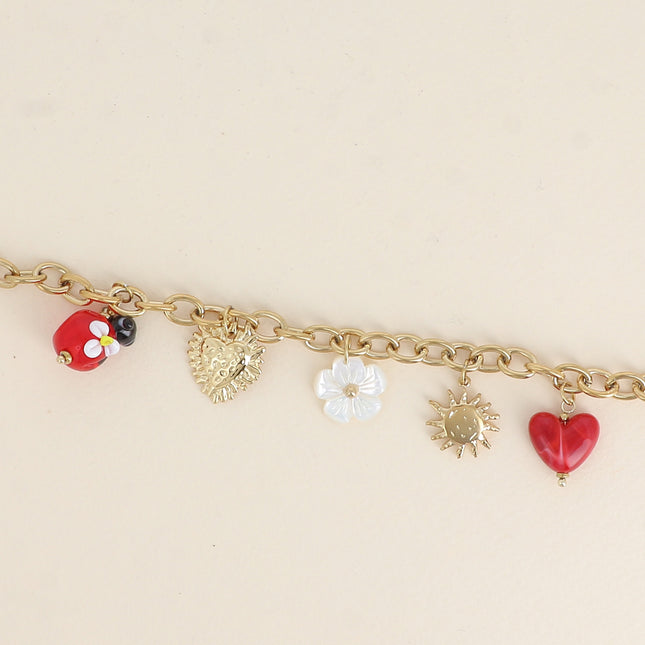 Bracelet - pendants (resin ladybug, beetle, mother-of-pearl flower, heart, sun)