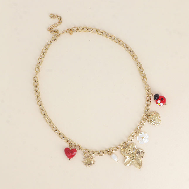 Necklace - pendants (flower, resin ladybug, beetle, mother-of-pearl flower, heart, sun)