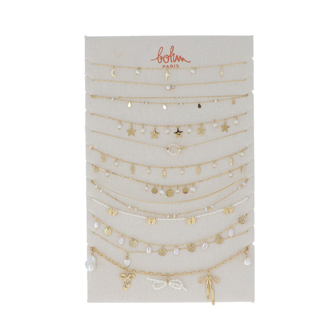 Kit de 24 (12+12) colliers - doré et perles d'eau douce - prix moyen de 7,40€/pc - Présentoir offert