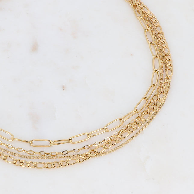Collier 4 rangs - mousqueton et 4 mailles gourmettes, ovales, forçat