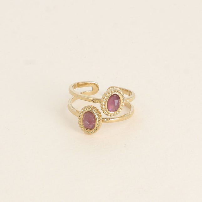 Bague - 2 rangs, 2 pierres naturelles ovales, contour effet milgrain
