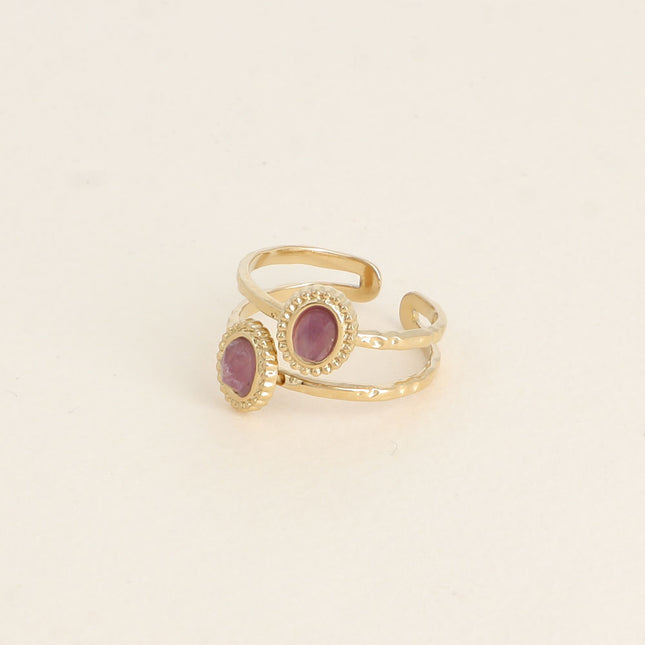 Bague - 2 rangs, 2 pierres naturelles ovales, contour effet milgrain