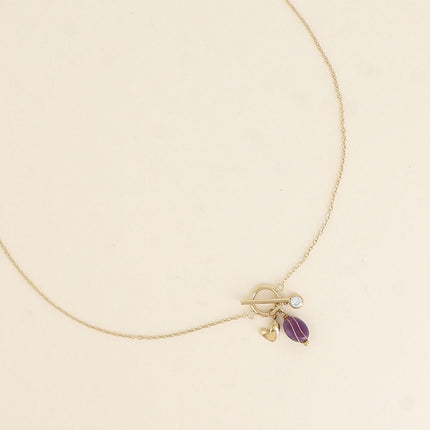 Collier - anneau et barre, 3 breloques, coeur, cristal taillé et pierre naturelle ovale