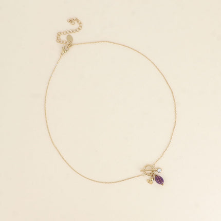 Collier - anneau et barre, 3 breloques, coeur, cristal taillé et pierre naturelle ovale