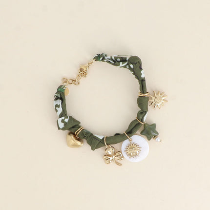 Bracelet - ribbon, charms (brushed heart, clover, sun, resin star, flower)