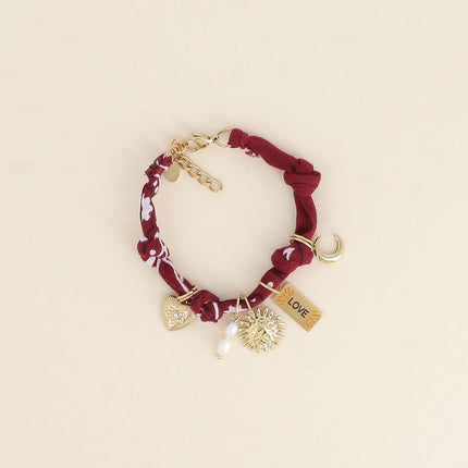 Bracelet - ruban, breloques (perles d'eau douce, soleil, coeur, plaquette LOVE, lune)