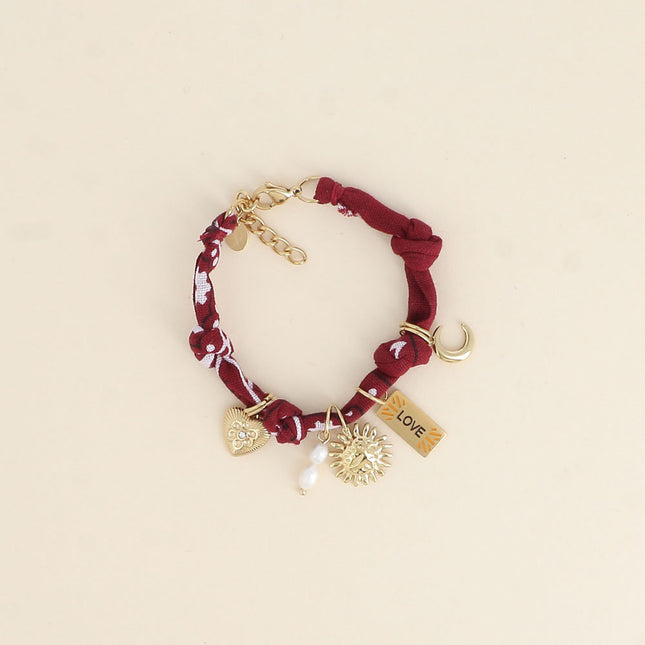Bracelet - ruban, breloques (perles d'eau douce, soleil, coeur, plaquette LOVE, lune)