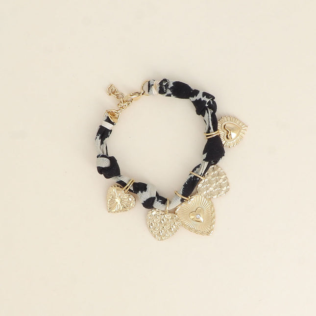 Bracelet - ruban, breloques coeurs
