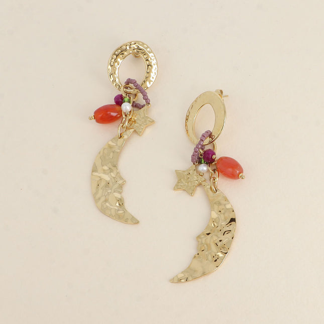 Dangle earrings - hammered ring, beads and crescent moon