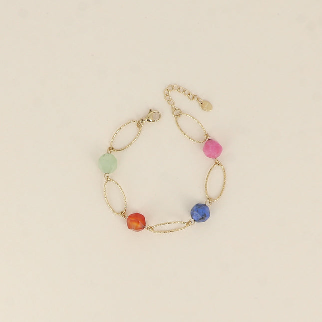 Bracelet - maillons ovales striés et pierres naturelles