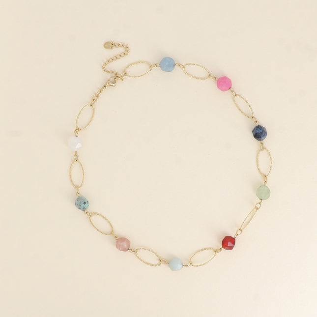 Collier - maillons ovales striés et pierres naturelles
