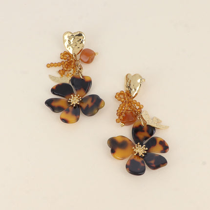 Boucles pendantes - coeur martelé, noeud papillon perlé, fleur en résine léopard