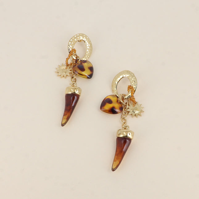 Creole earrings - hammered oval ring, sun, heart and horn in resin