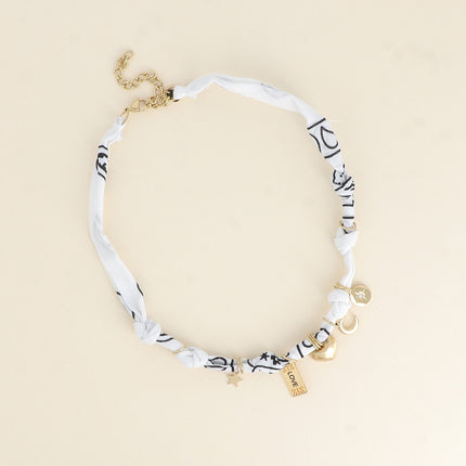 Collier - ruban, tissu et breloques (étoiles, coeur brossé, plaquette LOVE, lune)