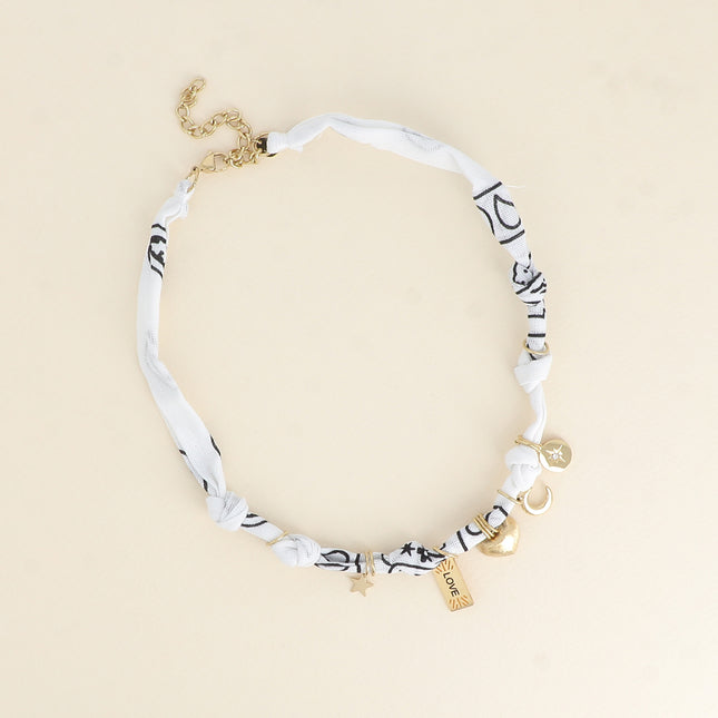Collier - ruban, tissu et breloques (étoiles, coeur brossé, plaquette LOVE, lune)