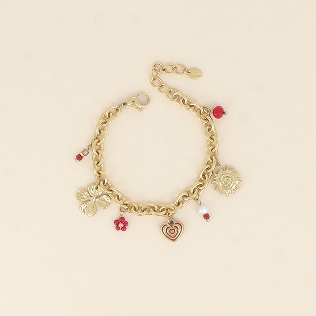 Bracelet - breloques soleil, coeur, trèfle et perles
