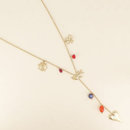 Collier Y Amoria - breloques fleur, oiseau, trèfle, coeur et perles en céramique émaillée