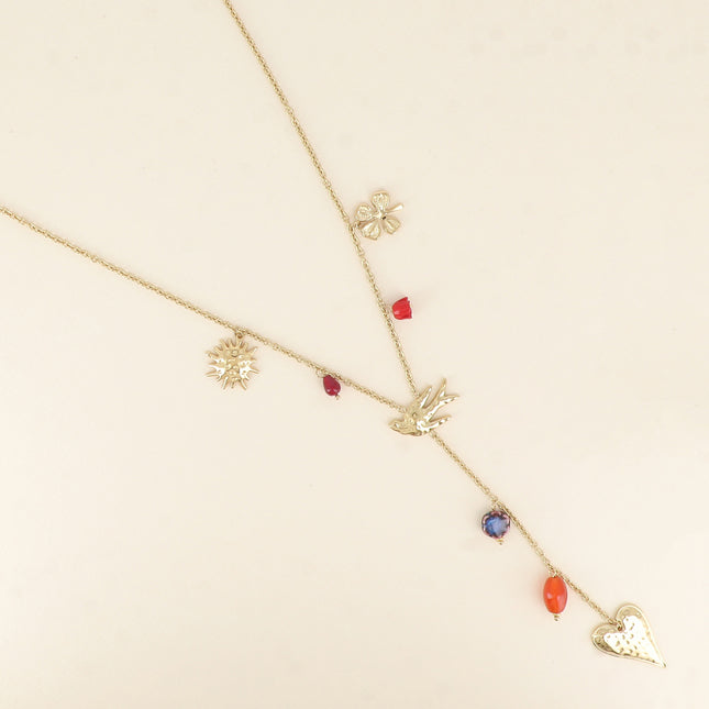 Collier Y Amoria - breloques fleur, oiseau, trèfle, coeur et perles en céramique émaillée