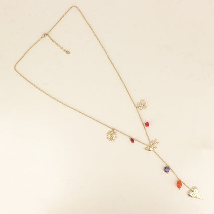 Collier Y Amoria - breloques fleur, oiseau, trèfle, coeur et perles en céramique émaillée