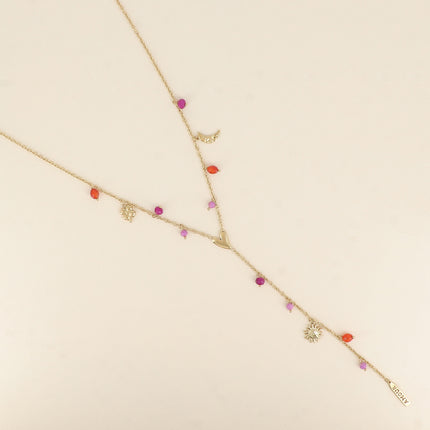 Collier - breloques trèfle, lune, coeur, soleil, plaquette AMOUR en émail, perles