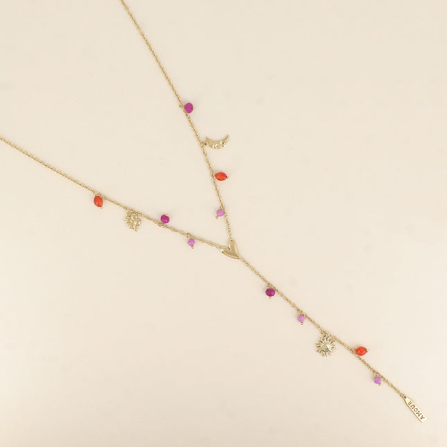 Collier - breloques trèfle, lune, coeur, soleil, plaquette AMOUR en émail, perles