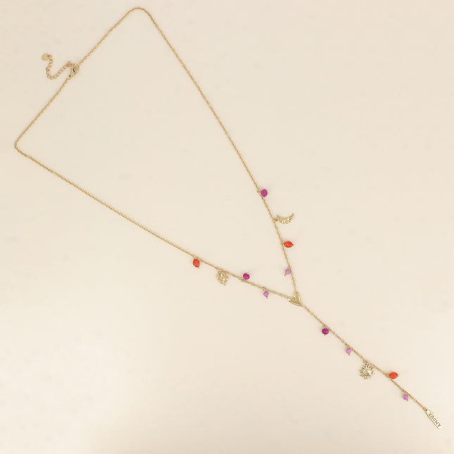 Collier - breloques trèfle, lune, coeur, soleil, plaquette AMOUR en émail, perles