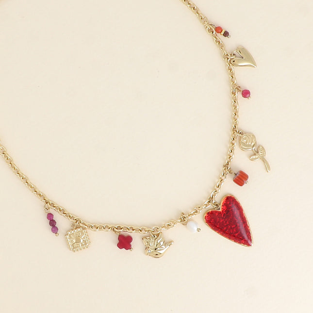 Ithéa Necklace - square, bird, hearts, flower, natural stones, ceramic and enamel