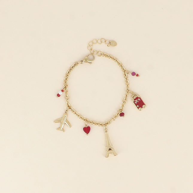 Bracelet - tour eiffel, avions, coeur, bouche et platquette AMOUR en émail