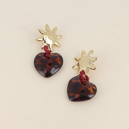 Dangle earrings - 3 pieces (sun, leopard resin heart and beaded ring)