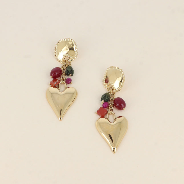 Boucles pendantes - pièce aux contours milgrains, perles, coeur lisse