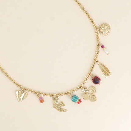 Collier - coeur, perles en céramique émaillée, trèfle, goutte et soleil