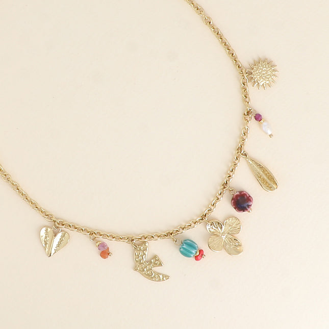 Collier - coeur, perles en céramique émaillée, trèfle, goutte et soleil