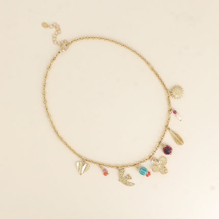 Collier - coeur, perles en céramique émaillée, trèfle, goutte et soleil