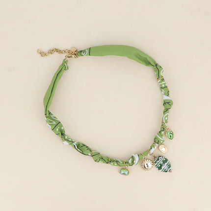 Collier - ruban, tissu, breloques cristaux, soleil, coeur, perle en céramique émaillée