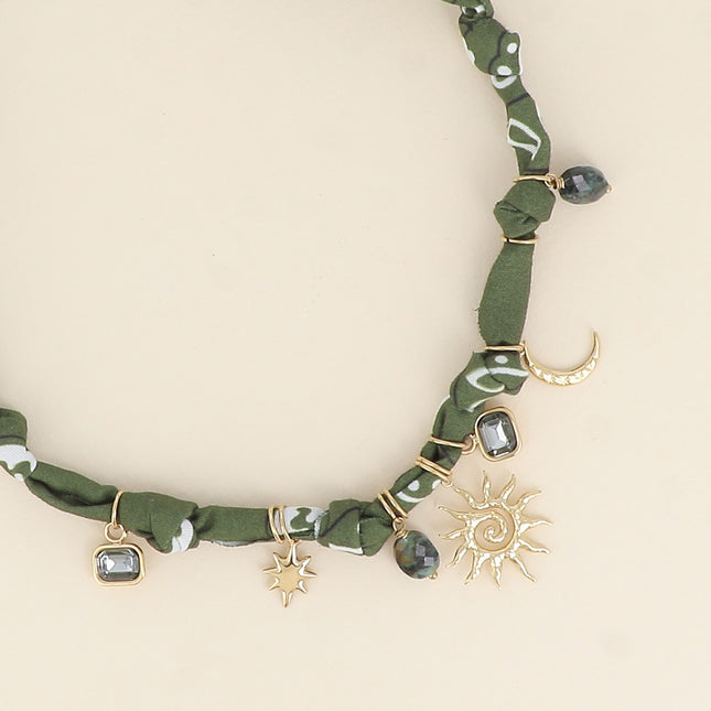 Necklace - ribbon, fabric, crystal charms, sun, moon, star, natural stone