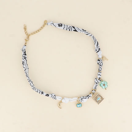 Collier - ruban, tissu, breloques cristaux, résine, fleur, lune, palmier