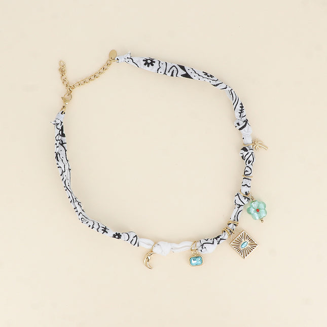 Collier - ruban, tissu, breloques cristaux, résine, fleur, lune, palmier