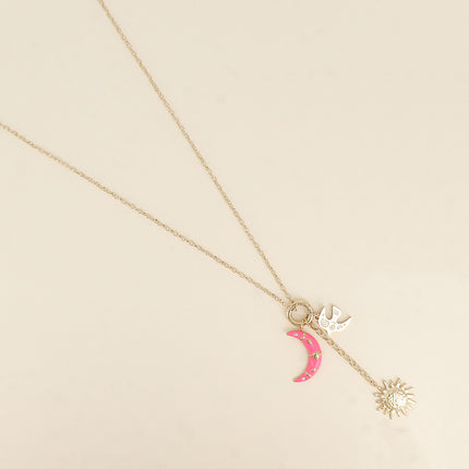 Sautoir - anneau et pendentifs (oiseau, lune émaillée et soleil)